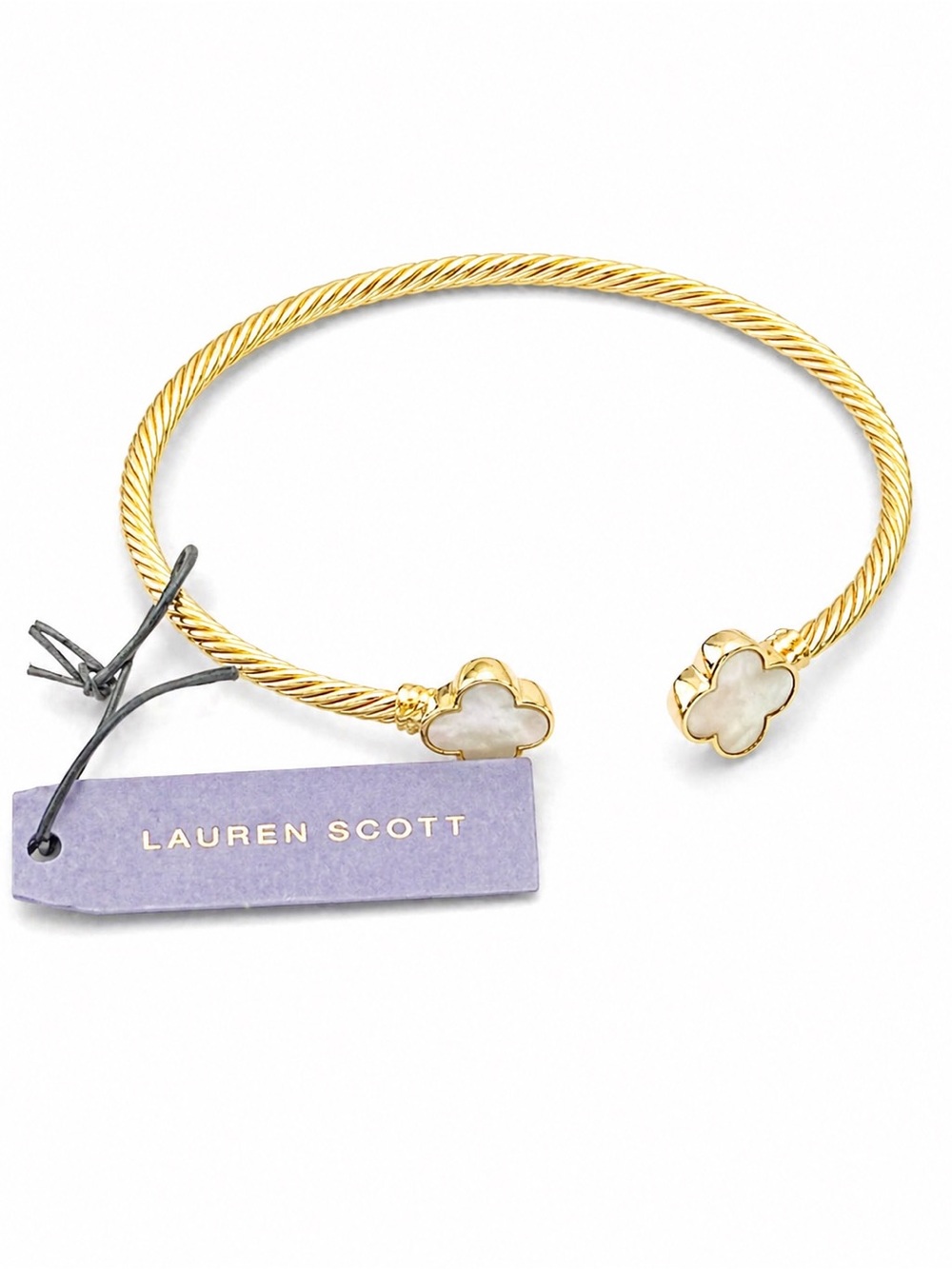 Gold-Tone Mother of Pearl Clover Open Bangle Bracelet - Gold - Picture 3 of 4